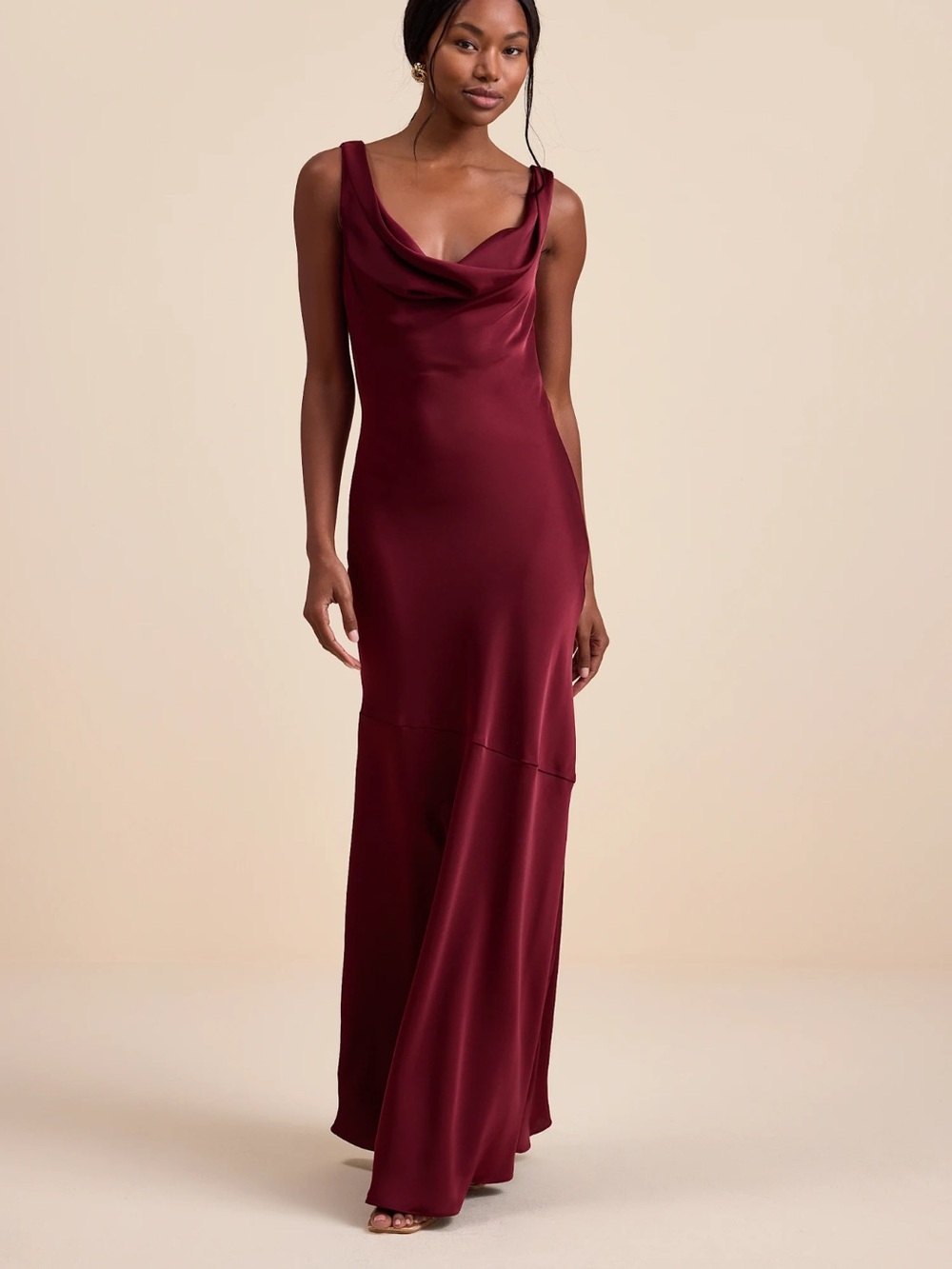 Lulu's Burgundy Satin Cowl-Neck Maxi Dress